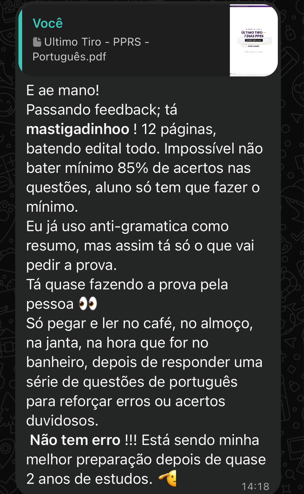 Depoimento sobre material de Marcos Brito para a reta final de concursos policiais